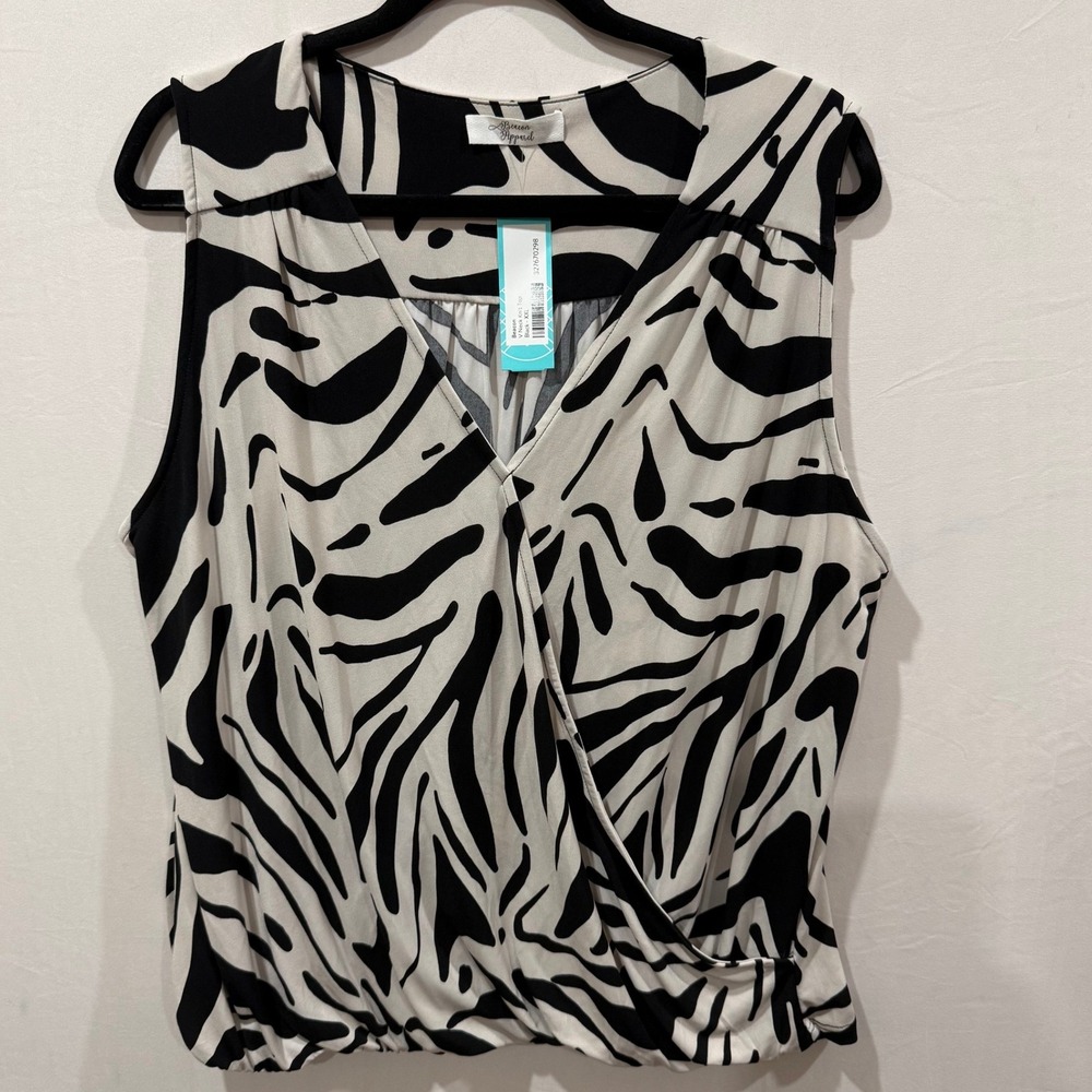 Beacon‎ Apparel V Neck Knit Top Black White Zebra Print Sleeveless Plus Size XXL